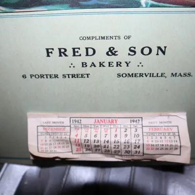 Sale Photo Thumbnail #77: Vintage 1942 advertising calendar for Fred & Son Bakery of Somerville, Mass., featuring a January calendar pad.