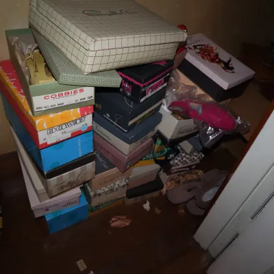 Sale Photo Thumbnail #33: Large stack of vintage shoe boxes featuring various brands including Cobbies, Red Cross Shoes, and Cappagallo.