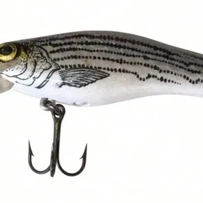 Sale Photo Thumbnail #120: Lot 193: Vintage hard-plastic fishing lure. White body with black scale/line pattern, yellow eye, clear plastic diving lip, and two treble hook