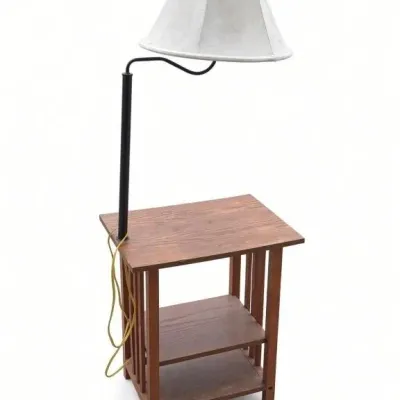 Sale Photo Thumbnail #32: Lot 105: Wooden side table lamp w/ Mission-style vertical slats 19x14x22