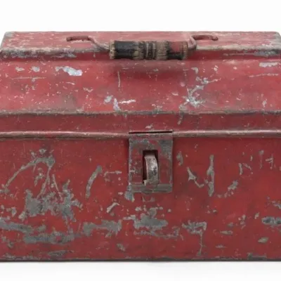 Sale Photo Thumbnail #21: Lot 94: Vintage red metal toolbox - 16 x 8 x 10