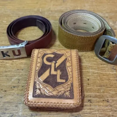 Sale Photo Thumbnail #326: Lot 427: Vntg KU Belt Buckle, Hand-made Leather Wallet