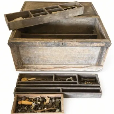Sale Photo Thumbnail #24: Lot 97: Large antique wooden tool chest with multiple removable compartment trays - 38x19x18