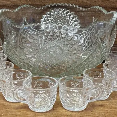 Sale Photo Thumbnail #480: Lot 580: Crystal punch bowl with glasses no ladle
