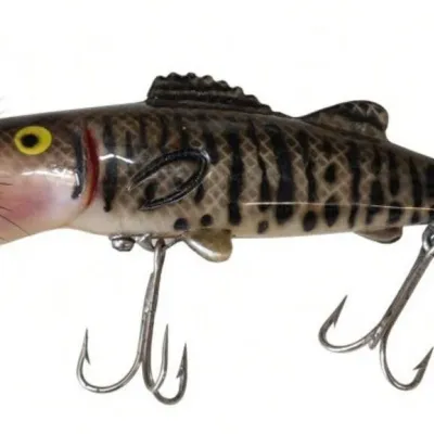 Sale Photo Thumbnail #111: Lot 184: Vintage hard-plastic fishing lure shaped like a small fish (bass-style). Black-and-ta