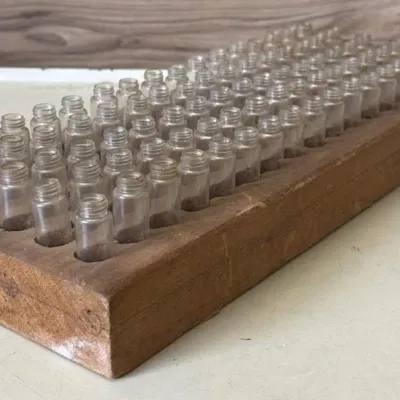 Sale Photo Thumbnail #382: Lot 483: Antique wood Vial/Ampoule Tray 19x7
