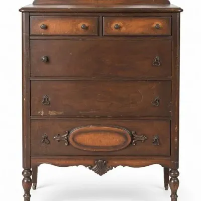 Sale Photo Thumbnail #36: Lot 109: Antique wooden chest of drawers with a scalloped crest featuring a shell motif - 34 x 19 x 44