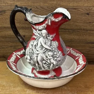 Sale Photo Thumbnail #161: Lot 232: Antique Spanish wash bowl & pitcher set