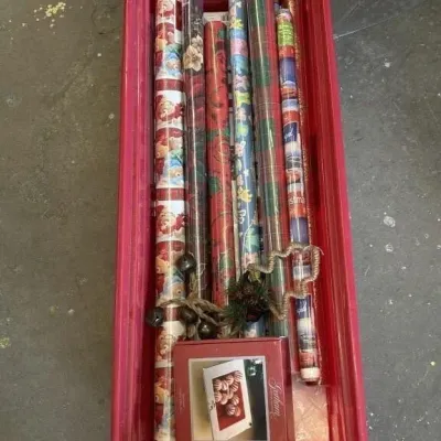 Sale Photo Thumbnail #555: Lot 655: Christmas wrap/candy dish/bags Storage container has lid