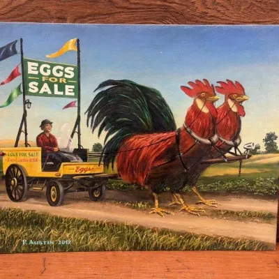 Sale Photo Thumbnail #430: Lot 530: Acrylic painting - eggs for sale/roosters 16x20 - P Austin 2017