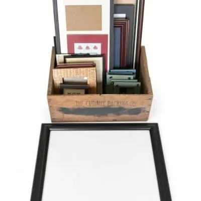 Sale Photo Thumbnail #31: Lot 104: Vintage wooden crate stenciled “THE CUDAHY PACKING CO,” filled with assorted picture frames - black frame 24x 18
