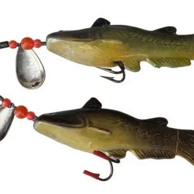 Sale Photo Thumbnail #124: Lot 197: Pair of vintage fish-shaped fishing lures. Yellow-to-green gradient bodies with scale detail, metal spinner blades, red beads, and single hooks. Classic mid-century spinner style