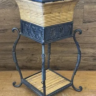 Sale Photo Thumbnail #406: Lot 507: Metal & woven rattan/wicker plant stand - 10 x 10 x 20
