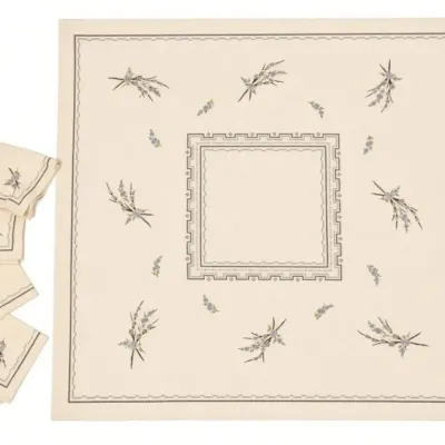 Sale Photo Thumbnail #63: Lot 136: Vintage embroidered tablecloth set with matching napkins. 46x46 Cream-colored linen with blue floral branch motifs, brown geometric border, and central stepped design. Includes four matching napkins. Classic mid-century linens