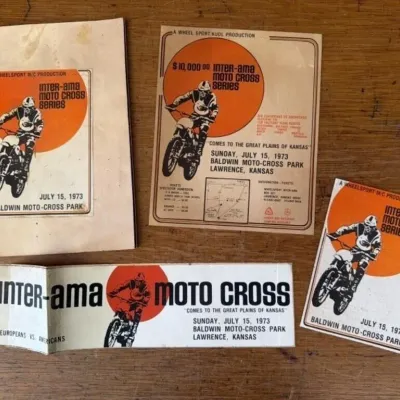 Sale Photo Thumbnail #443: Lot 543: 1973 Baldwin AMA motocross Park - Lawrence Kansas - flyer, bumper sticker, souvenir program