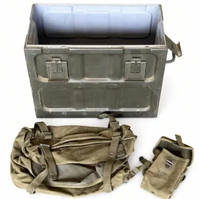 Sale Photo Thumbnail #59: Lot 132: Vntg Military ammunition box, military gear bag, military pouch - no lid for ammunition box