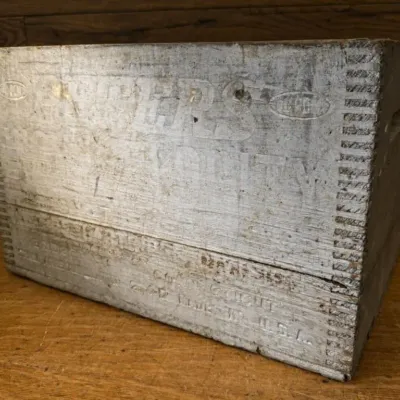 Sale Photo Thumbnail #427: Lot 527: Vntg Dupont Peters high velocity shotgun shells wood crate - 14x9x9