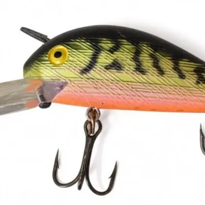 Sale Photo Thumbnail #119: Lot 192: Vintage hard-plastic crankbait fishing lure. Green-and-black striped body with orange belly, yellow eye, clear plastic diving lip, and two treble hooks. Shows light wear. Classic mid-century