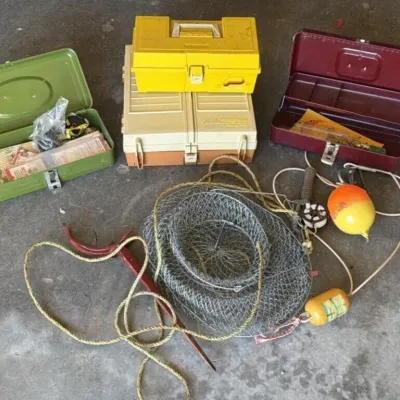 Sale Photo Thumbnail #90: Lot 163: Vintage fishing tackle boxes & gear - all tackle boxes have working latches and handles