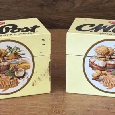 Sale Photo Thumbnail #447: Lot 547: 2 Vintage C.W. Post Family Style Cereals metal recipe box (approx. 5.5" x 4")