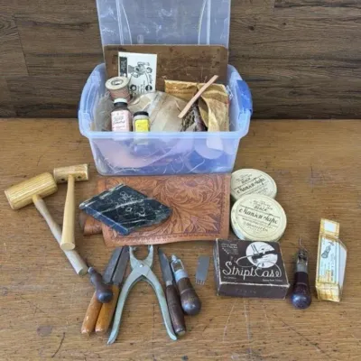 Sale Photo Thumbnail #429: Lot 529: Vntg A. Myers Co. "Famous Lock Stitch" sewing awl, leather crafting tools and supplies