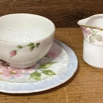 Sale Photo Thumbnail #364: Lot 465: Hand painted teacup and creamer