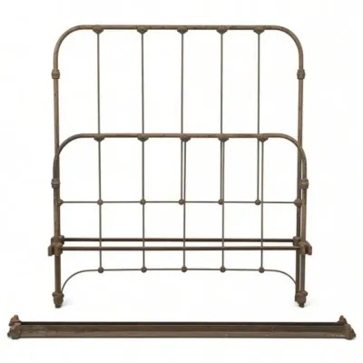 Sale Photo Thumbnail #35: Lot 108: Vintage cast-iron bed frame pieces with ornate scrollwork and decorative finials - full size