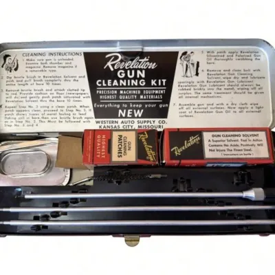 Sale Photo Thumbnail #101: Lot 174: Vintage Revelation Gun Cleaning Kit in original metal tin (Western Auto Supply Co., Kansas City, Missouri)