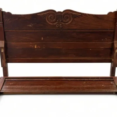 Sale Photo Thumbnail #621: Lot 725: Vintage full headboard, footboard & rails needs a good cleaning / last photo shows possible ways to turn it into a bench