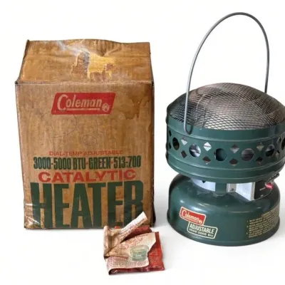 Sale Photo Thumbnail #105: Lot 178: Vntg Coleman Dial-Temp Adjustable Catalytic Heater (model 513-700, green, 3000-5000 BTU)