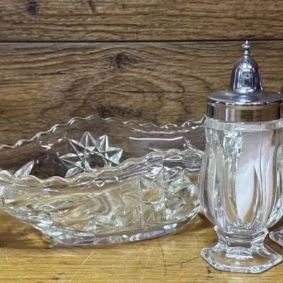 Sale Photo Thumbnail #368: Lot 469: Crystal salt, pepper, and butter container