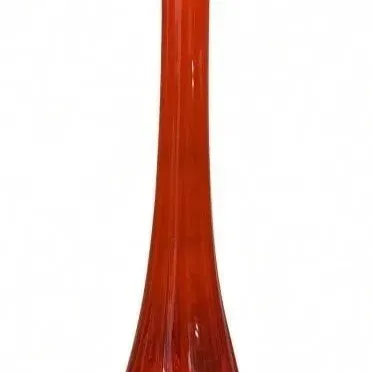 Sale Photo Thumbnail #15: Lot 15: Vintage orange-red glass vase with a flared rim ruffled rim and twisted, organic base.