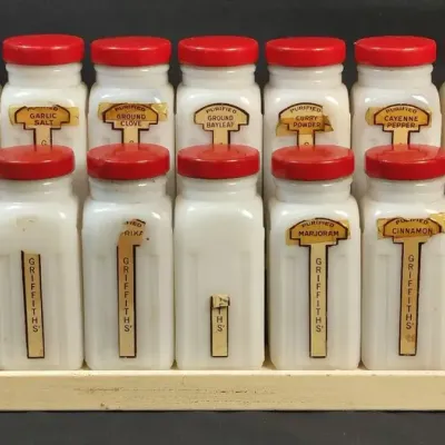 Vintage Griffith Milk Glass Spice Jar Set, 18 Jars