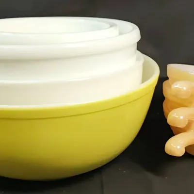 Vintage Yellow Pyrex Mixing Bowl and 3 Fire-King Beehive Handle Soup Bowls