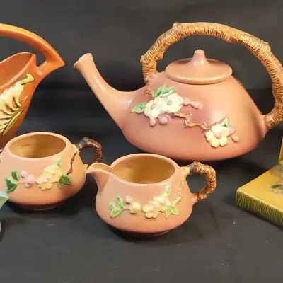 Roseville Pottery - Apple Blossom tea set, Water Lily, Peony and Freesia Patterns, 8 Pieces