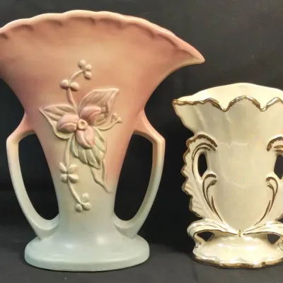 Hull Pottery - Wildflower Fan Vase and Gold-Trimmed Opalescent Vase