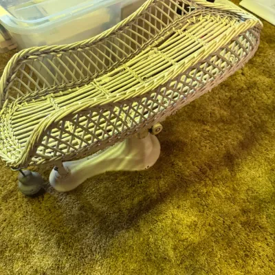 Sale Photo Thumbnail #11: Vintage wicker baby scale featuring a painted woven tray over a metal balance base.