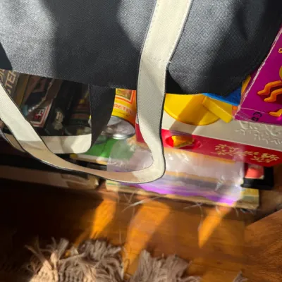 Sale Photo Thumbnail #294: Black canvas tote bag with off-white straps, sitting on a shelf above assorted vintage games and toys.
