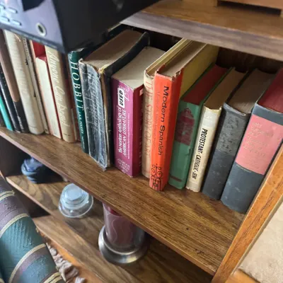 Sale Photo Thumbnail #303: Selection of vintage hardcovers and paperbacks, including J.R.R. Tolkien's "The Hobbit" and art history texts, arranged on a wooden bookshelf.