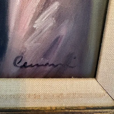 Sale Photo Thumbnail #45: Close-up detail of an artist's signature on an oil-on-canvas painting, set within a fabric liner and gilded frame.