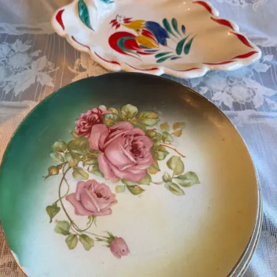 Sale Photo Thumbnail #421: Vintage ceramic dishware including a hand-painted floral decorative plate with pink roses and a leaf-shaped rooster dish.