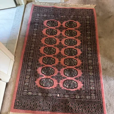 Sale Photo Thumbnail #44: Hand-knotted pink and black Bukhara-style area rug featuring traditional gul motifs and fringed ends.