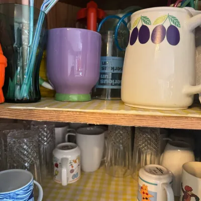 Sale Photo Thumbnail #266: Collection of mixed glassware, coffee mugs, and novelty cups stored on cabinet shelves, including a ceramic pitcher with a plum motif and pressed glass tumblers.