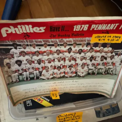 Sale Photo Thumbnail #169: Vintage 1976 Philadelphia Phillies team poster published by The Sunday Bulletin, featuring printed signatures and team photo.