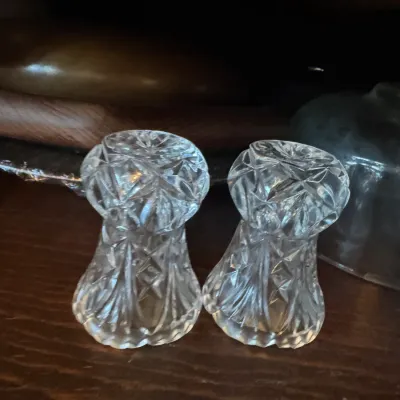 Sale Photo Thumbnail #380: Pair of vintage cut crystal salt cellars or small toothpicks featuring geometric fan and diamond patterns.