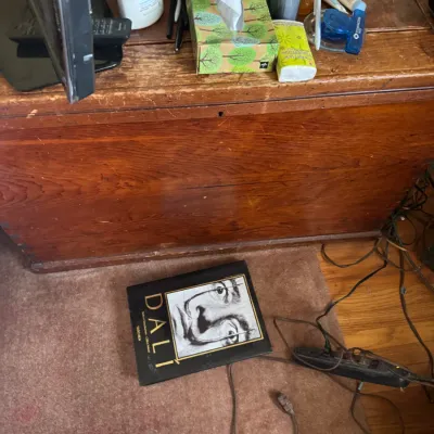 Sale Photo Thumbnail #164: A vintage wooden chest with surface wear, holding various personal items and toiletries, alongside a Taschen Salvador Dalí art book lying on the floor below.