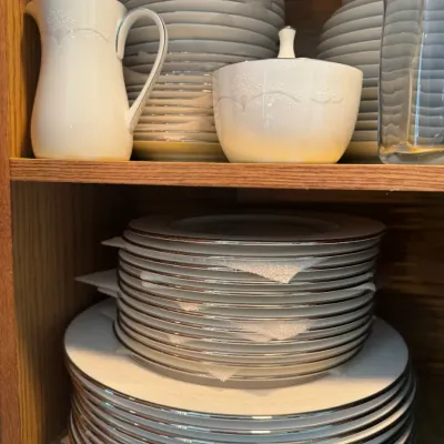 Sale Photo Thumbnail #235: White porcelain fine china dishware set with platinum silver rims, including stacked dinner plates, salad plates, creamer, and covered sugar bowl inside a cabinet.