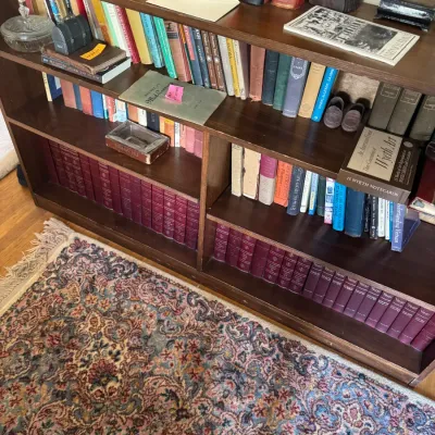 Sale Photo Thumbnail #312: A vintage dark wood bookcase filled with various hardback and paperback books, situated above an ornate fringed area rug.