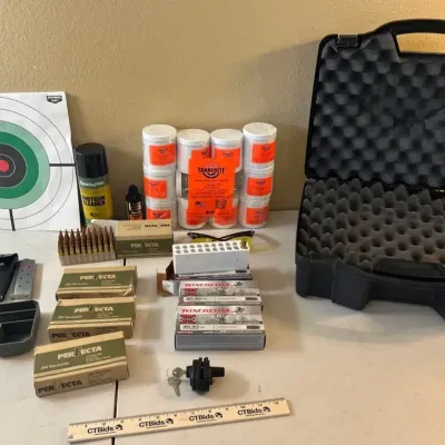 Gun related - 7 boxes ammo, lock, Case, Tannerite+