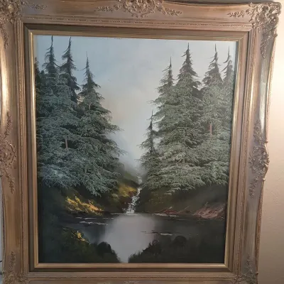 Vintage Mountain Scene Framed Signed LAM Painting, Fancy Gold Frame